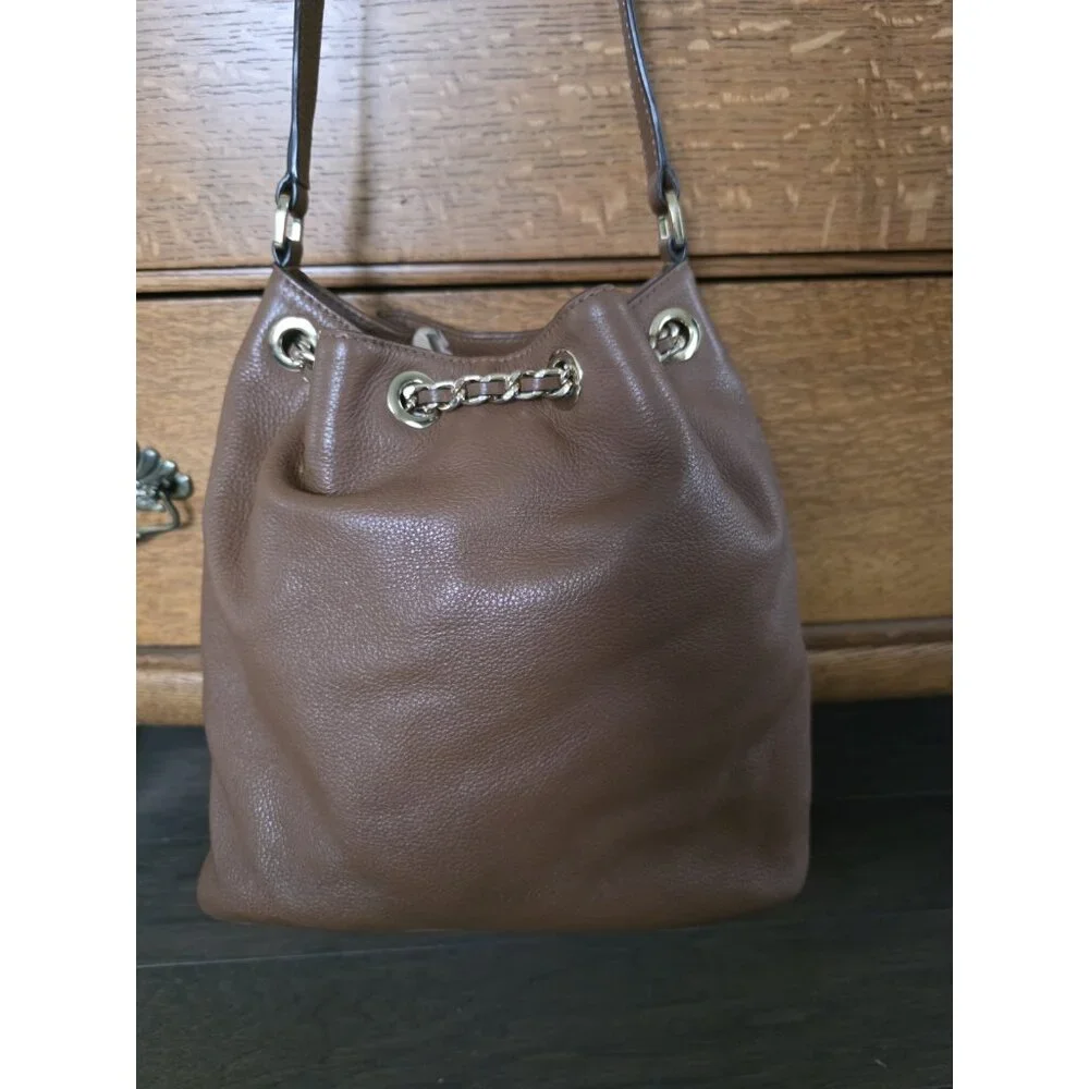 Michael Kors Frankie Brown Pebbled Leather Drawstring Convertible Shoulder Bag